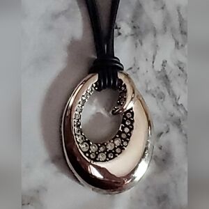 Silver Tone & Rhinestone Teardrop Donut Style Necklace Pendant on 18" Black Cord